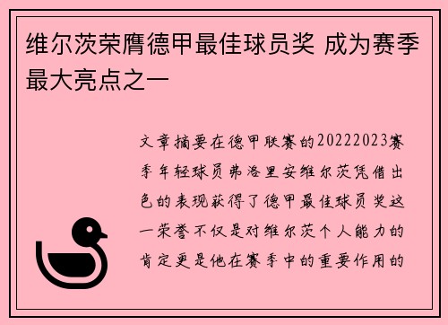 维尔茨荣膺德甲最佳球员奖 成为赛季最大亮点之一