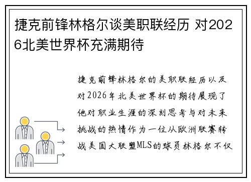 捷克前锋林格尔谈美职联经历 对2026北美世界杯充满期待 捷克前锋林格尔谈美职联经历 对2026北美世界杯充满期待